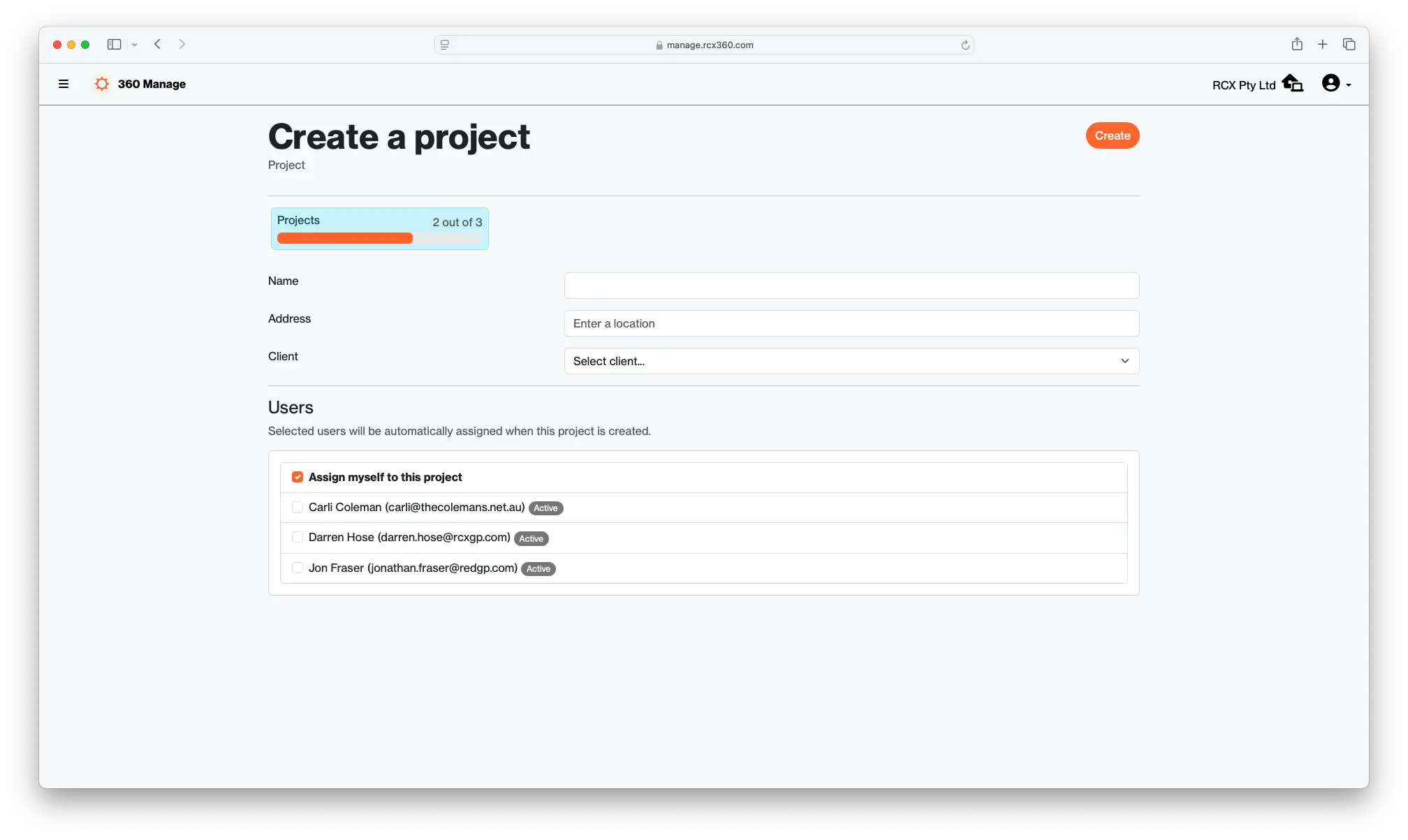 360 Manage create a project page